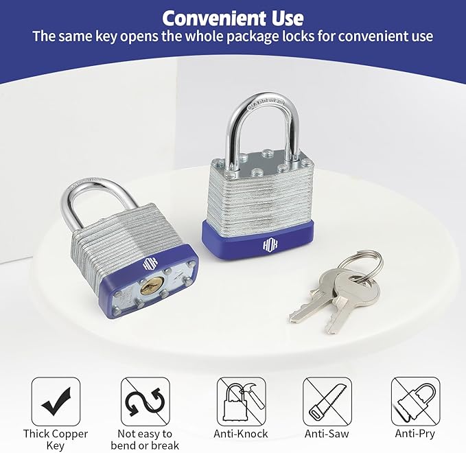 HOX Locks 12-Pack Keyed-Alike Padlocks w/ 1.2” Shackle, 1-9/16” Wide Body, Hardened Steel Case Shackle Padlock, Brass Cylinder - for Hasp Latch, Sheds, Fences, Storage Locker
