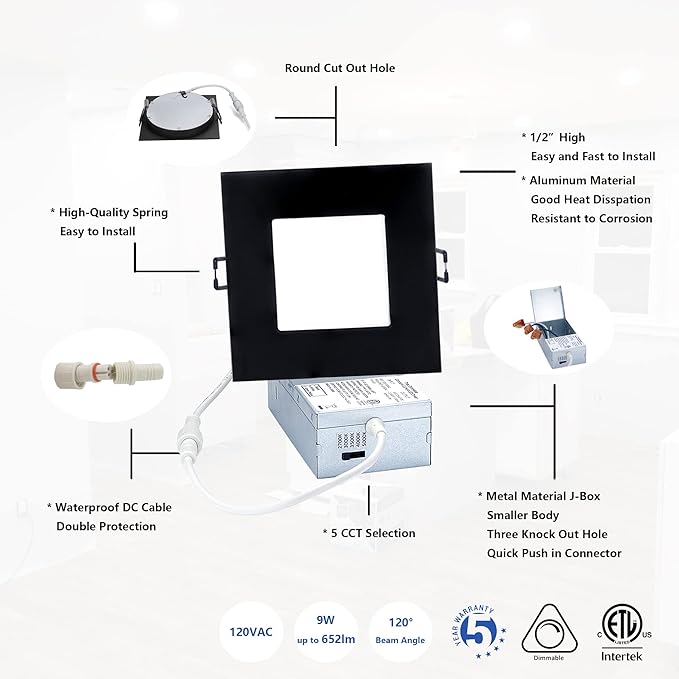 4-inch LED Canless Recessed Slim-Downlight 5 CCT Adjustable Dimmable Recessed Lights Fixture with Junction Box, Ceilling Light with Junction Box, 2700-5000K, 9W, Black Square Finish, 6 Pack