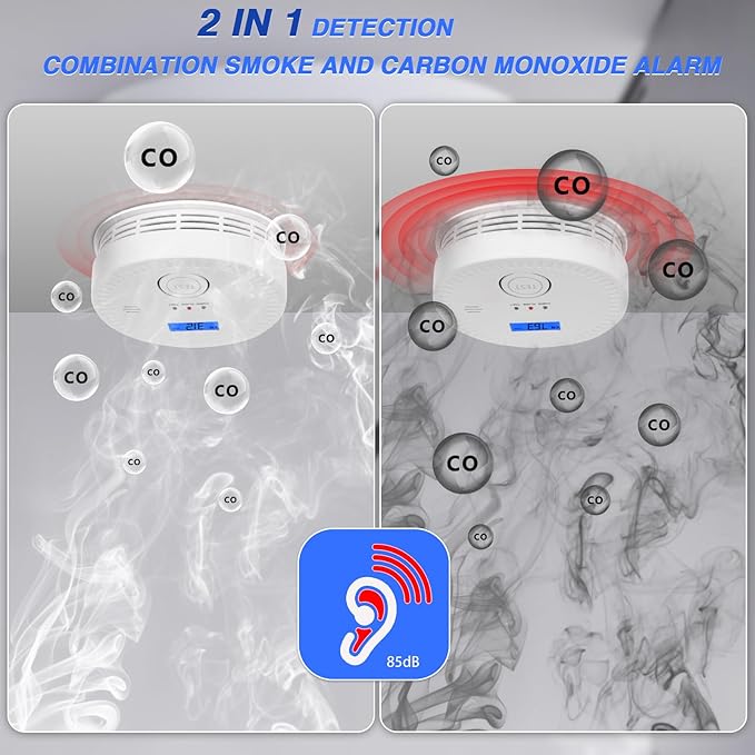 Smoke and Carbon Monoxide Detector, 2 in 1, Smoke & CO Alarm, 85db Sound, LCD Readout, Battery Operation, for Home and Kitchen, Easy Installation