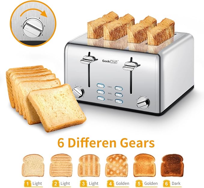 Geek Chef Stainless Steel Toaster 4 Slice, with Extra Wide Slots for Bagels, Removable Tray, Cancel/Defrost/Reheat Functions