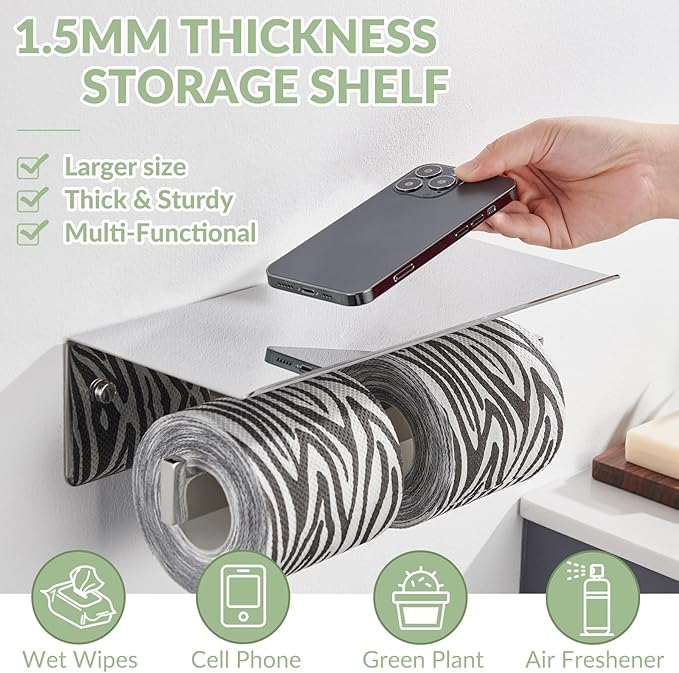 APLusee Double Toilet Paper Holder with Phone Shelf, 304 Stainless Steel Bathroom Tissue Hanger, Wall Mounted Dual Roll Paper Dispenser, Polished Chrome
