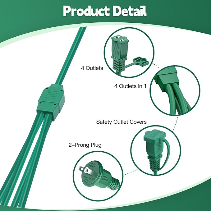 50Ft 4 Outlets Green Outdoor Extension Cords for Halloween Christmas Inflatables Blow Ups Yard Waterproof Outside with Multiple Outlets Extension Cord Power Splitter for Christmas Lights Decorations