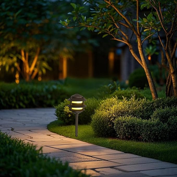 Lumina Lighting® Low Voltage Landscape Lighting Cast-Aluminum Pagoda Path and Area Light Warm White 4W G4 LED Bulb and ABS Ground Stake Included for Yard Walkway Lawn PAL0103-BZLED4 (Bronze, 4-Pack)
