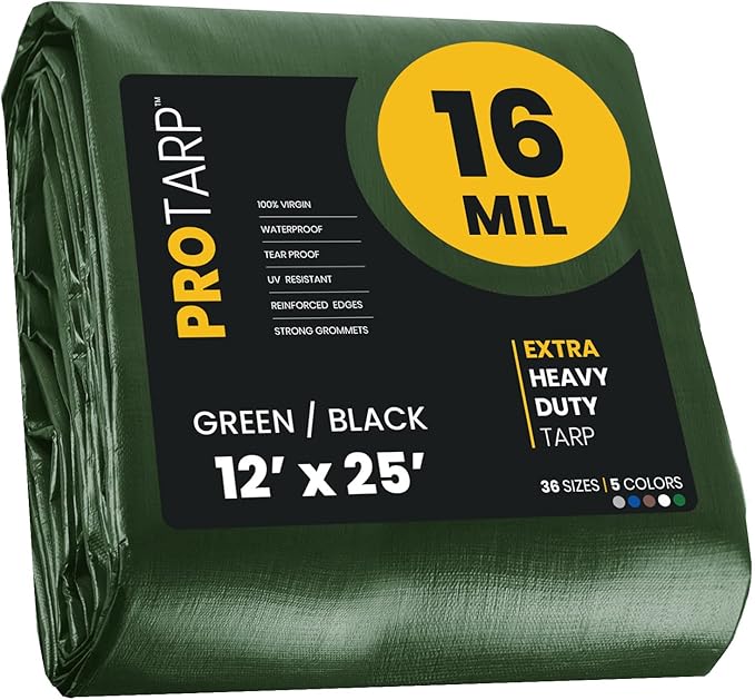 PROTARP Extra Heavy Duty 16 Mil Tarp Cover, Waterproof, UV Resistant, Rip and Tear Proof, Poly Tarpaulin with Reinforced Edges for Roof, Camping, Patio, Pool, Boat. (Green/Black 12′ X 25′)