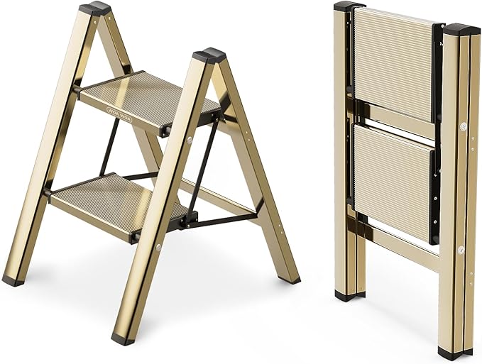WOA WOA Step Ladder, 2 Step Foldable Step Stool with Widen Pedals, Portable Aluminum Stepladder, Compact Ladder for Space Saving, Home Ladders for Kitchen(300lbs, Gold)