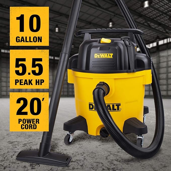 DEWALT 10 Gallon Shop Vacuum Wet and Dry, 5.5 Peak HP Poly Wet Dry Vacuum Cleaner with Attachments, 2-Stage Motor, Portable Handle/Caster with Drain Blower, DXV10PZ for Car, Garage, Workshop, Pet Hair