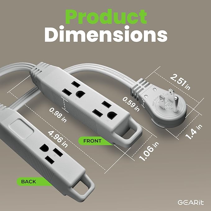 GEARit 360 Rotating Flat Plug Short Extension Cord with 3 Outlets (2ft, Gray) 16AWG/13A 3 Prong Wire, Outlet Saver for Home Office Dorm Room Essentials, ETL Certified