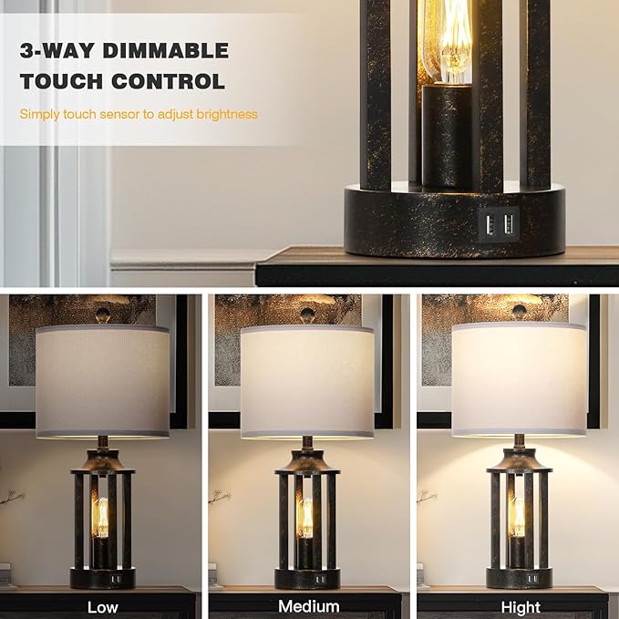 Farmhouse Table Lamps Set of 2, Vintage Living Room Lamps with 2 USB Ports, 3 Way Dimmable Touch Control Bedroom Lamp with 2 LED Nightlight, 23.5" Bedside Lamp for Nightstand Side End Table, Bronze