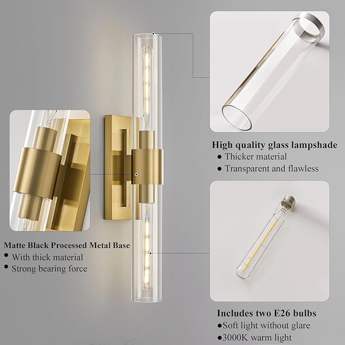 Gold Bathroom Vanity Lights Over Mirror,Modern Wall Light Fixture Sconce with Clear Glass for Bedroom,Bathroom,Hallway.