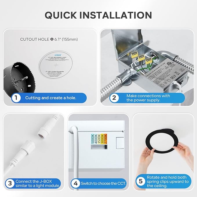 LVWIT 12 Pack Ultra-Thin Recessed Lighting 6 Inch with Junction Box, 1200LM 2700K-5000K 5CCT LED Ceiling Lights, Dimmable Canless Wafer Downlight, ETL,FCC&IC, Smooth Trim, Black