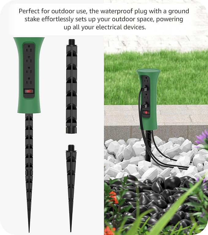 CCCEI Outdoor Power Strip Weatherproof with Stake, Waterproof Extension Cord with Multiple Outlets, Christmas Exterior Garden Decor, Yard, Camping, 4 Plugs, Surge Protector 10FT, Green.