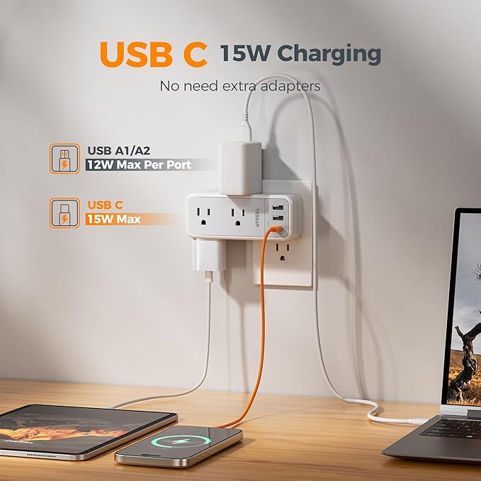Multi Plug Wall Outlet Splitter with 360 Rotating Plug, TESSAN 1800J Surge Protector Outlet Extender with 6 AC and 3 USB Ports (1 USB C), 1875W, 3 Sided Plug Expander for Home Office Dorm Room