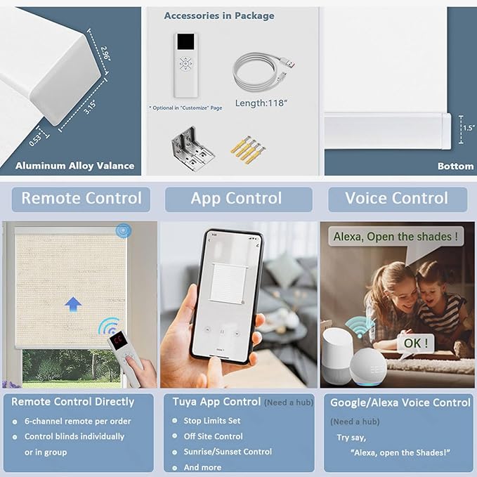 Motorized Blinds with Remote Cordless Automatic Motorized Shades Custom Blinds for Windows Smart Curtains Compatible with Alexa Google Home(Blackout Linen Soft Dunes,W52 x H72in)