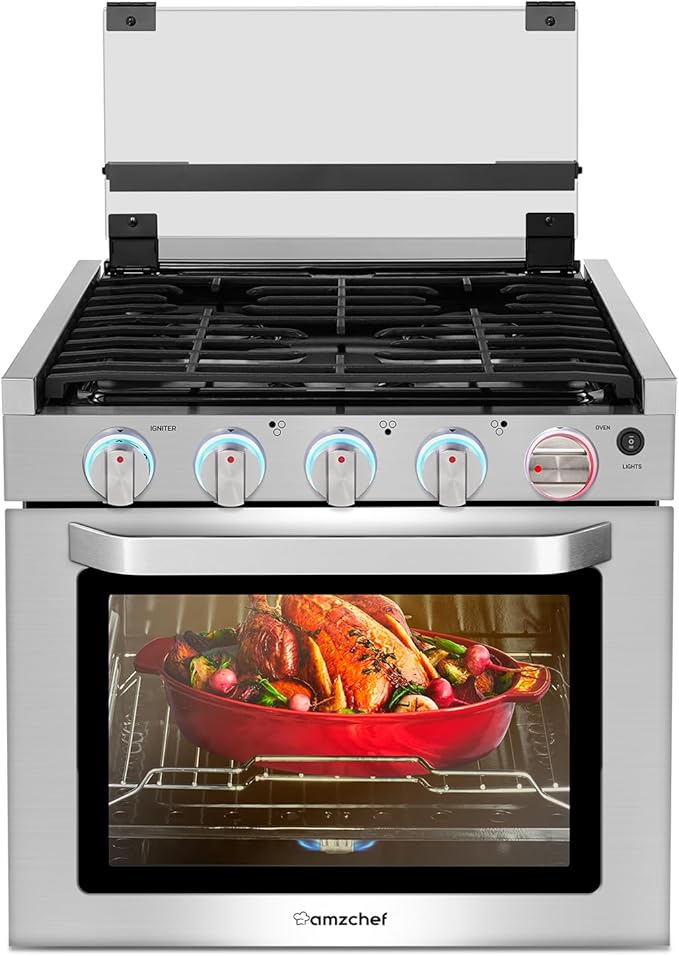 AMZCHEF RV Gas Range Stove 12V. Range Oven for RV Use with 3 Burners,Gas Oven, 28,100BTU, Open Flame Configuration, Knob work indicator, Heavy Duty Cast Iron Grates (Large 21 inch)