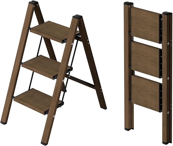Taranta 3 Step Ladder,Aluminum Lightweight Folding 3 Step Stool with Anti-Slip Wide Pedal,330lbs Capacity Step Ladder for Household,Kitchen,Office - Walnut