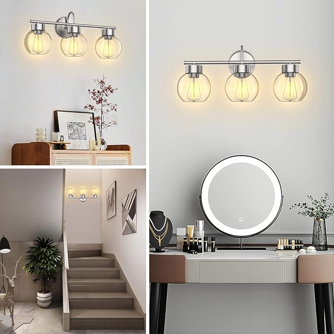 EAPUDUN 3 Light Bathroom Vanity Light, Brushed Nickel Bathroom Light Fixtures with Clear Glass Shade Wall Sconce, Porch Wall Lamp for Mirror, WLA1435-BNK