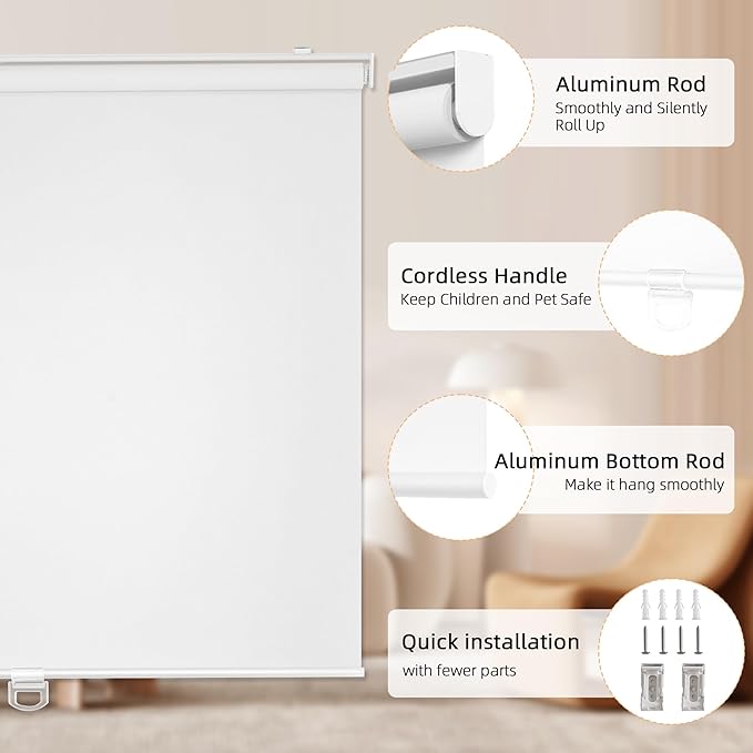 ChrisDowa Cordless Blackout Roller Shades for Windows, Thermal Insulated UV Protection Pull Down Shades, Total Blackout Window Blinds for Home, Office, Bedroom, Door (52" W x 72" H, White)