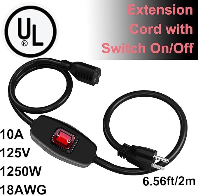 Heavy Duty Indoor/Outdoor Extension Cord Use, 6.56 FT Black Extension Cord with LED Light Switch On/Off, 1250W SJTW 18AWG 10A 125V AC,3 Prong Power Cord, UL Listed