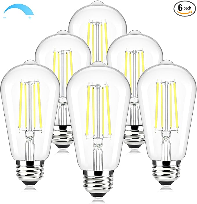 Brightever E26 LED Bulb 60 Watt Equivalent, 5000K Daylight White Dimmable Light Bulbs, 7W, 850LM Vintage Lights Bulb, 90+CRI, ST58 Clear Glass Antique Decor Filament Edison Bulb for Room, 6-Pack