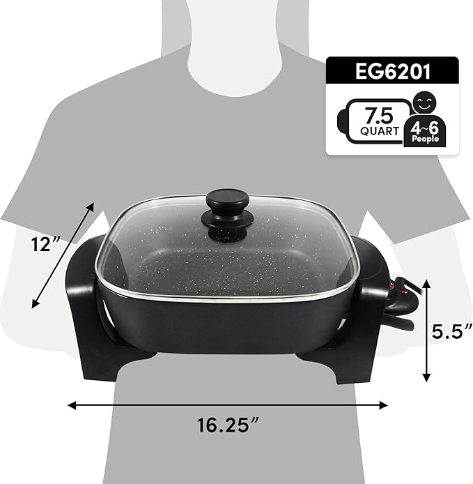 Elite Gourmet EG6201# Extra Deep 12"x12"x3.2" (7.5Qt.) Scratch Resistant Dishwasher Safe, Non-stick Electric Skillet with Glass Vented Lid, Adjustable Temperature, Black
