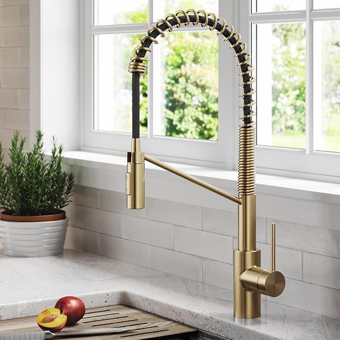 KRAUS Oletto Commercial Style Single Handle Pull Down Kitchen Faucet with QuickDock Top Mount Installation Assembly in Spot Free Antique Champagne Bronze, KPF-2631SFACB