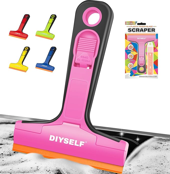 DIYSELF-Razor-Blade-Scraper, 1 Pack Razor Blade Scraper, Extra 5 PCS Orange Plastic Blades, Razor Blade Scraper Tool for Cleaning, Glass Scraper for Windows, Razor Scraper Tool for Car, Cooktop