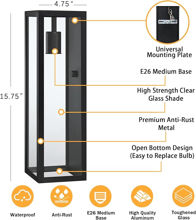 16'' Large Outdoor Wall Lights Exterior 2Pack, Waterproof Matte Black Exterior Lighting Fixtures Wall Mount, Front Porch Lights Outdoor Wall Sconces Exterior Coach Lights for Garage