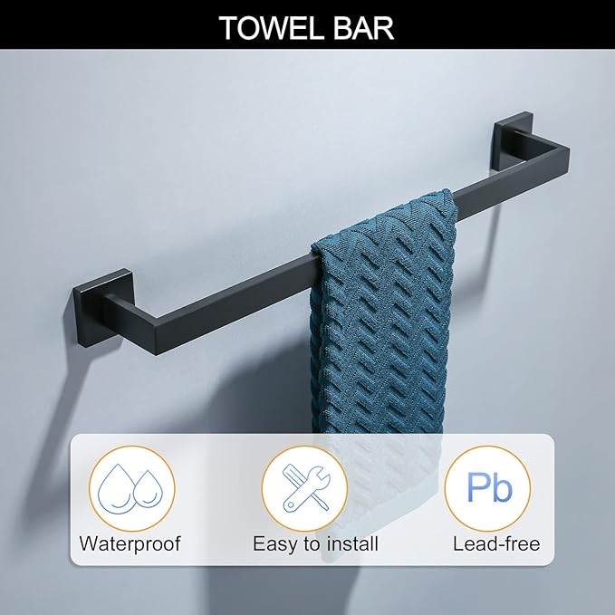 TNOMS Black Towel Bar Set 5-Piece Bathroom Hardware Set Including 23.6 Inch Towel Bar,Towel Ring Towel Hook and Toilet Paper Holder with Shelf,Stainless Steel Bathroom Accessories Set
