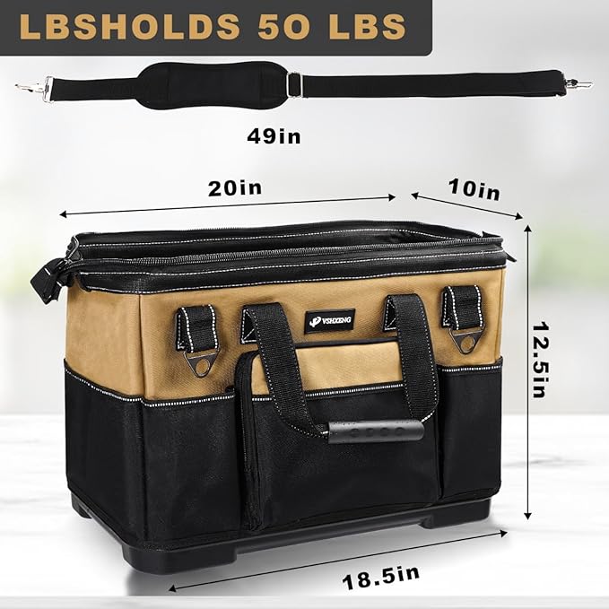 20 IN Large Tool Bag For Men Heavy Duty, Drill Bag Tool Bag Organizer, Wide Mouth Waterproof Hard Bottom Multiple Pockets Tool Tote, Tool Caddy, Maintenance