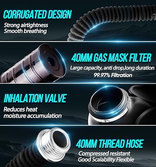Gas Respirator Mask with 40mm Activated Carbon Filter & Supply Air Hose, Gas Masks Survival Nuclear and Chemical Military Grade, Respirator Mask for Chemicals, Dust, Paint Spray, Organic Vapor