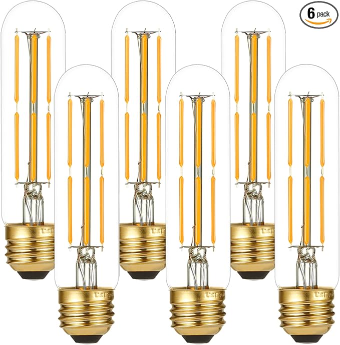 LiteHistory Dimmable E26 Edison Bulb 6W Equal 60 watt Light Bulb AC120V Warm White 2700K Edison Light Bulbs 60 Watt 600LM Tubular T10 led Bulb for Rustic Pendant,Chandeliers,Wall sconces,Vanity 6Pack