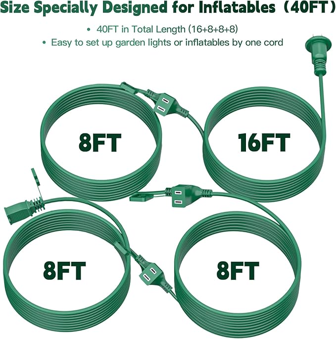 40FT Outdoor Extension Extension Cord for Halloween Christmas Inflatables with Multiple Outlets Green Electrical Cord with Multiple Plugs Outdoor Christmas Blow Up Decorations Light Extension Cords