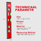 VNW 16-Inch Torpedo Level - 5 High-visibility Bubbles 2°/22.5°/45°/90°/180°,Level Tool with Rubber Endcaps and Aluminium Body, Flat View Viewing Window for Home Outdoor Measurements