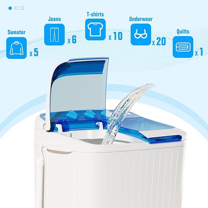 INTERGREAT Portable Washing Machine with Longer Hose, 16lbs Twin Tub Washer Mini Compact Laundry Washing Machine with Drain Pump, Semi-automatic Washer Combo for Dorms, Apartments, Blue
