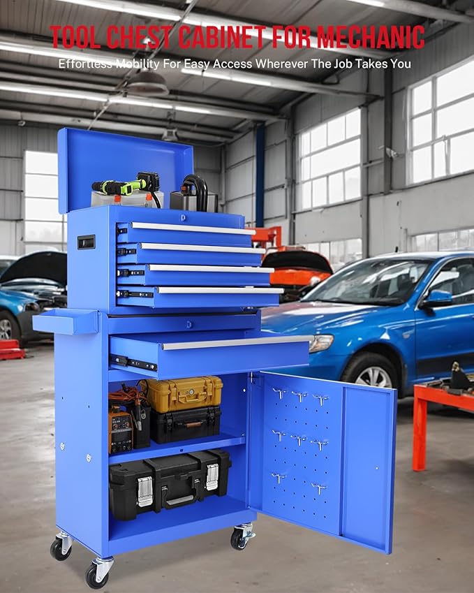 2 in 1 Tool Chest with 5 Drawers, Tool Cart with 7 Organizer Tray Divider Set & Wheels, Large Rolling Tool Box Organizer for Garage, Workshop, Home Crafts