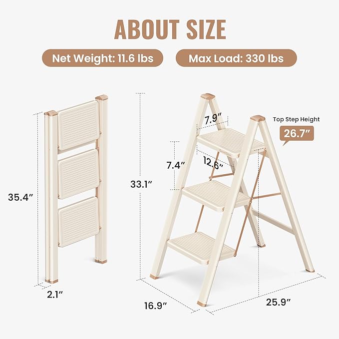 GameGem 3 Step Ladder, 3 Step Stool for Adults, Folding Step Ladder with Secure Footing, Widened Pedal, Aesthetically Pleasing Looking, Blends Right into Domestic Rooms, Cream Chocolate