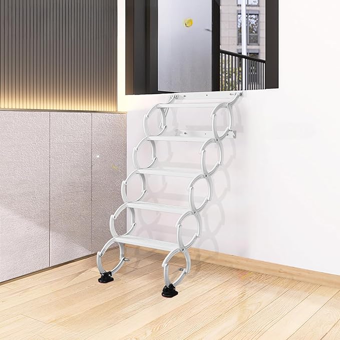 5 Steps Wall Mounted Attic Ladder, Indoor Attic Stairs Pull Down System, Metal Telescoping Step Ladders, Anti-slip Retractable Folding Stair, Loft Extension Steps Staircase for Garages(white, 5 Steps)