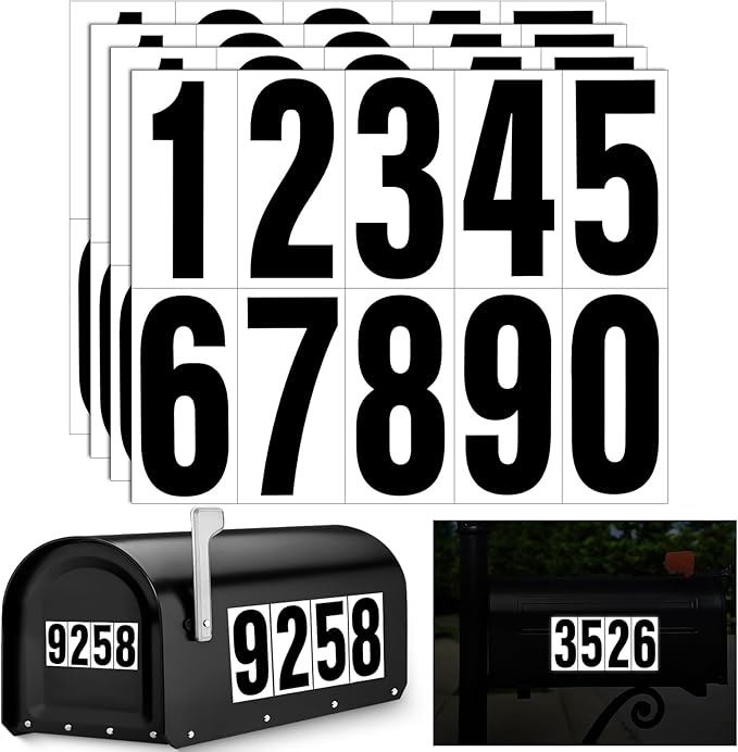 Reflective Number Stickers, 4 Sets 4 Inch Vinyl Waterproof Black Mailbox Numbers for Outside, Strong Self-Adhesive House Numbers Decals for Mailbox Door Signs Trucks