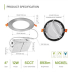 ASD 6 Pack LED Recessed Lighting 4 Inch 12W, 5 CCT 2700K-5000K CRI90+, IC Rated Ultra Thin Dimmable Ceiling Lights with J Box, Canless Wafer Downlight, Round Slim Panel Light, UL Listed, Nickel