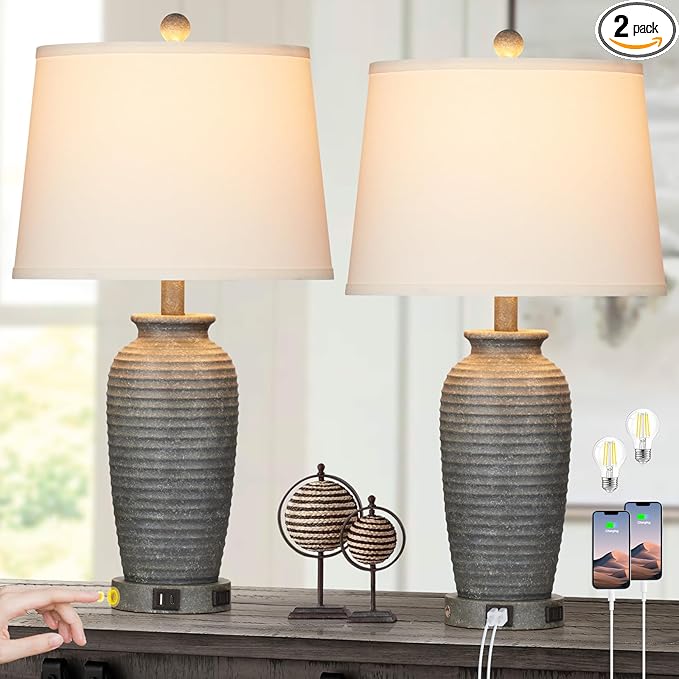 25" Farmhouse Jar Table Lamps Set of 2, 3 Way Touch Control Rustic Bedside Lamps with USB A+C Ports & AC Outlet, Pot Nightstand Lamps for Bedroom Living Room (LED Bulbs Included)