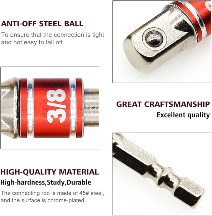 3-Piece Socket Adapter Extension Set, 1/4, 3/8, 1/2 Inch Hex Shank, Impact Grade, Power Drill to Socket Converter