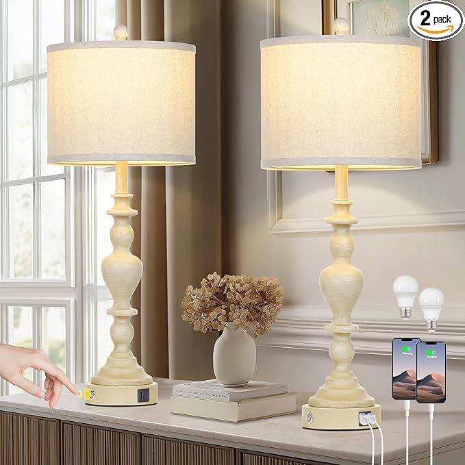 27" Farmhouse Table Lamps Set of 2, Vintage Bedside Lamps with USB A+C Charging Ports, 3-Way Dimmable Touch Control Traditional Nightstand Lamp for Living Room Beige (Bulbs Included)