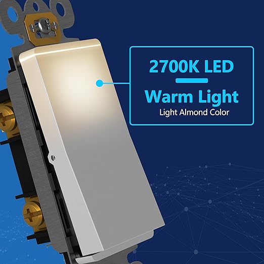 LIDER Decorator Switch with Lighted Paddle, UL Listed, Illuminated Paddle Switch, Matte Finish Rocker Switch, 1-Pole, 3-Wire, Residential/Commercial Grade, 15A 120-277VAC, White, 10 Pack