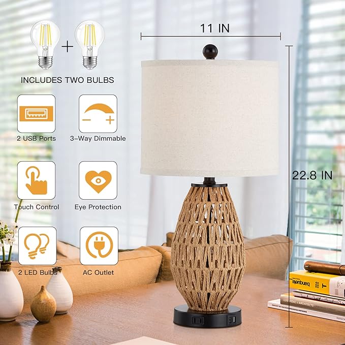 Touch Control Rattan Table Lamps, 3 Way Dimmable Bedside Lamps for Bedroom with 2 USB Ports and AC Outlet, Wicker Nightstand Lamps for Living Room Home Office (LED Bulbs Included)