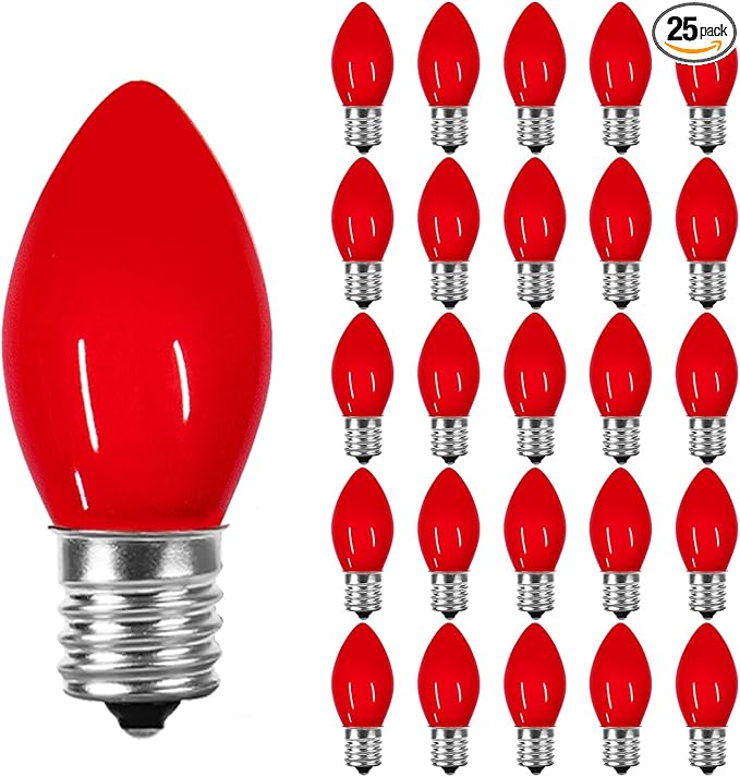Waterproof UL Certified Red Replacement Bulbs Christmas Tree Light Bulbs for Indoor and Outdoor Decoration with 25 Pack, C7/E12 Base, 5 Watt