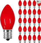 25 Pack C7 Red Ceramic Incandescent Replacement Bulbs, 5W Warm White 2200K, E12 Candelabra Base, Waterproof C7 Night Light Bulbs for Vintage Christmas Lights Outdoor Indoor Home Party Decorations