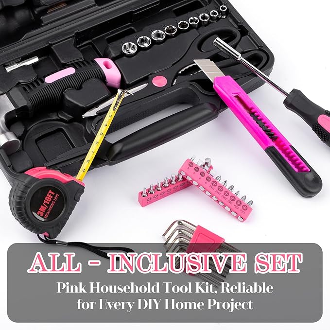 Tool Set, Mini Tool Kit, 49-Piece Household Pink Small Basic Home, Tool Set with Plastic Toolbox Tool Kit for Dorm, Great for Women,College Students, Household Use & More