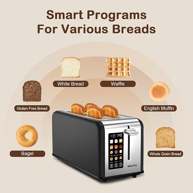 Mecity 4 Slice Toaster with Touchscreen Long Slot, Stainless Steel Smart Bread Toaster for Bagel Muffin Waffle Gluten Free Breads, Timer, Defrost, Reheat, 120V 1400W