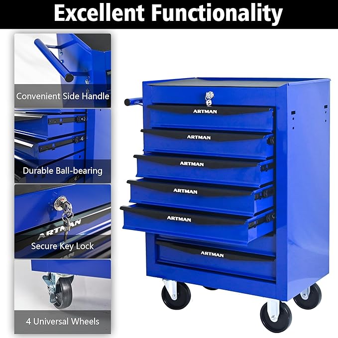 7-Drawer Steel Rolling Tool Cart with Wheels & Handle, Heavy-Duty Tool Chest Storage Cabinet for Garage and Workshop
