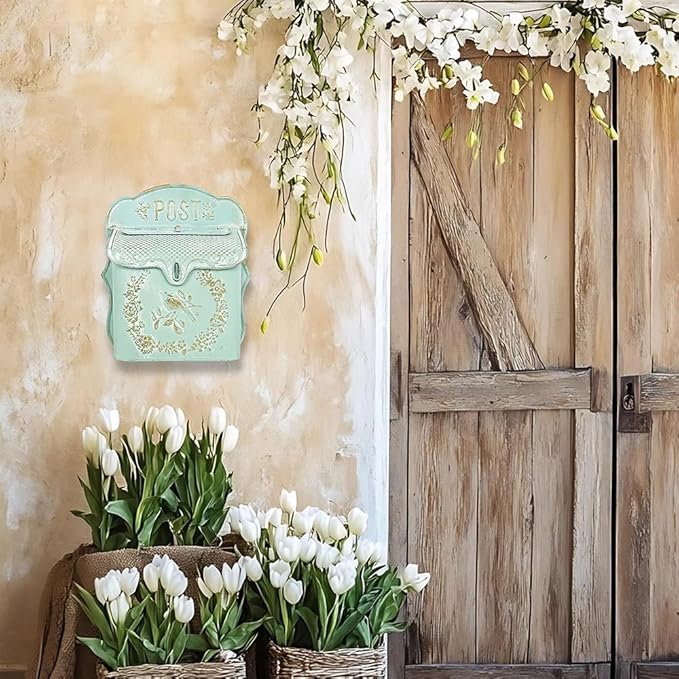 Mailbox Wall Mount Mailboxes for Outside Vintage Mail Boxes for House Outside Metal Drop Box Antique Style Nostalgic Charm Home Decorative, Bird Pattern, Green